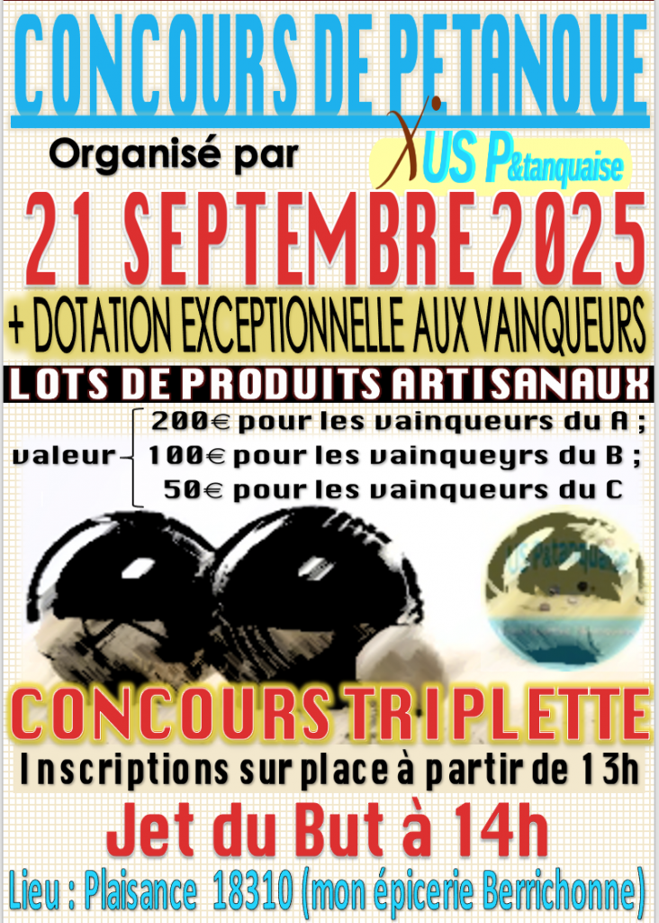 Concours Triplette le 21 septembre 2025 à partir de 13h.